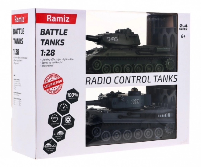 Fjernstyrede 2 tanke T-34 vs. Tiger til børn 3+ Skydemodeller 1:28 + Stor tankkamp + Lysende lyde