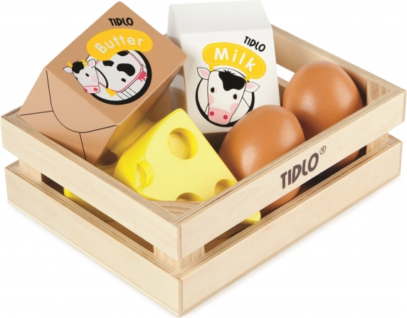 Tidlo træ kasse med mejeriprodukter og æg