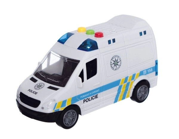 Politibil van plastik 15 cm på trækkraft med batteri med lyd og lys i kasse 19x13x9 cm