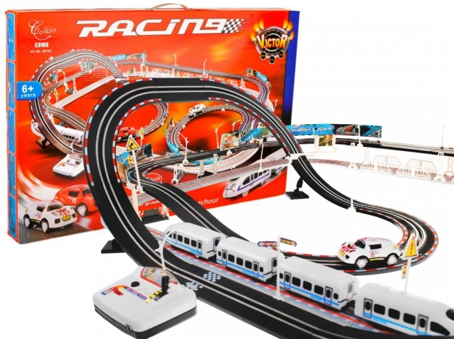 Elektrisk jernbane Racetrack 2-i-1 for børn 6+ med fjernbetjening + lokomotiver + vogne + biler