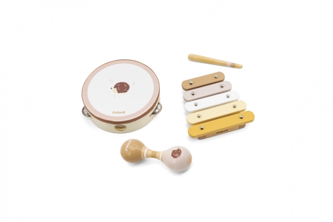 Træsæt med musikinstrumenter med pindsvin