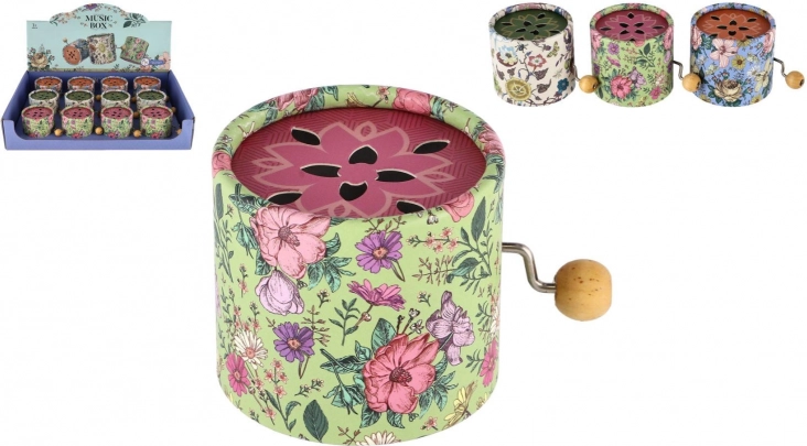 Spilledåse med håndsving – metalæske med blomstermotiv, 9 cm