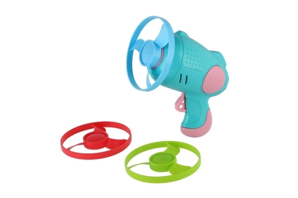 Affyringsdisk 3 stk + starter pistol plast 4 farver på kort 21,5x26x6cm