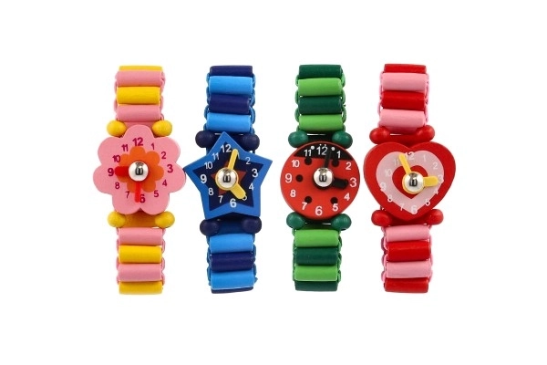 Træ armbåndsure 7cm mix af typer/farver med stativ