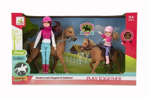 Hest 2 stk + dukke jockey 2 stk plastik i kassen 44x26x12cm