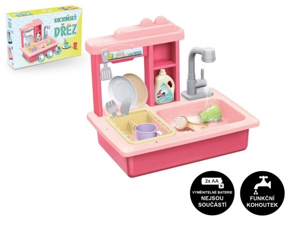 Vask til opvask pink + vandhane med batterier plastik med tilbehør i kassen 46x28x12cm