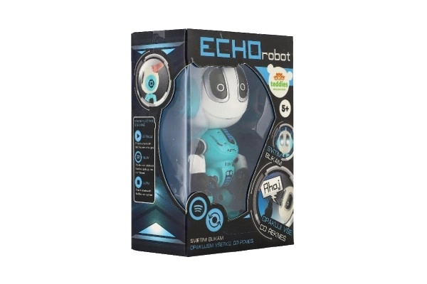 Robot ECHO gentagende sætninger metal 12cm blå på batterier med lyd og lys i æske 10,5x15x5,5cm