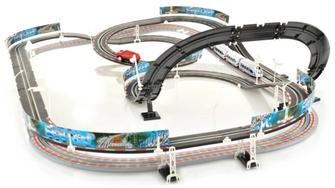 Elektrisk jernbane Racetrack 2-i-1 for børn 6+ med fjernbetjening + lokomotiver + vogne + biler