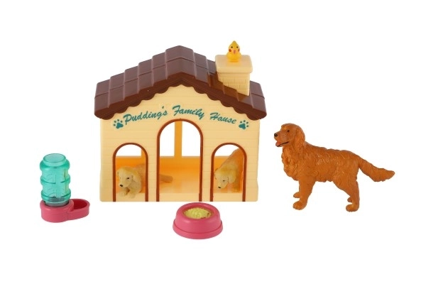 Hundehvalpe/Hund 3 stk med hus/hundehus plast med tilbehør på kort 15x25x5cm