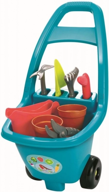 Havevogn til børn med værktøj, blomsterpotter og vandkande
