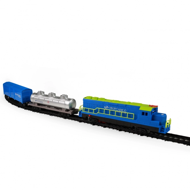 Godstog PKP Cargo International med vogne og skinner med lyd og lys