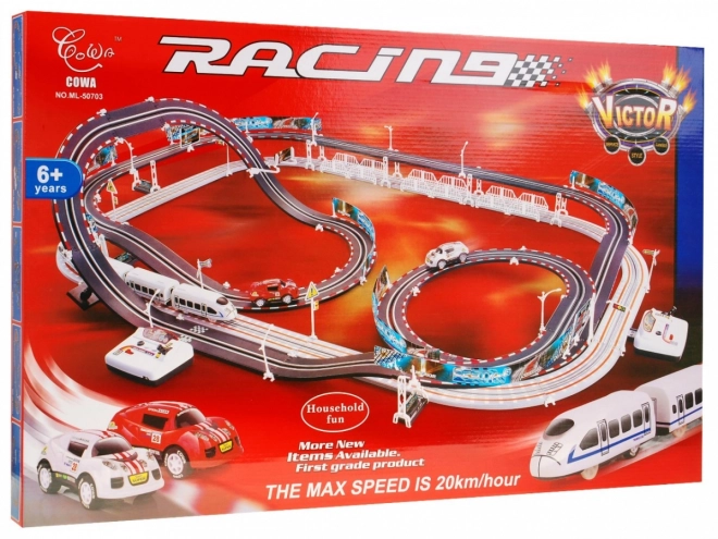 Elektrisk jernbane Racetrack 2-i-1 for børn 6+ med fjernbetjening + lokomotiver + vogne + biler