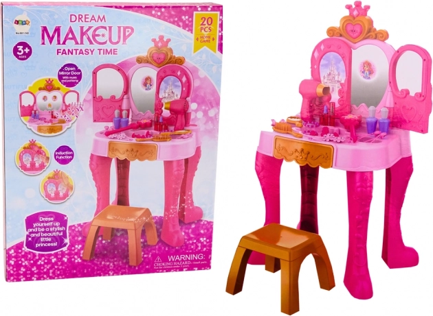 Børne-makeupbord med gestussensor, tilbehør, pink