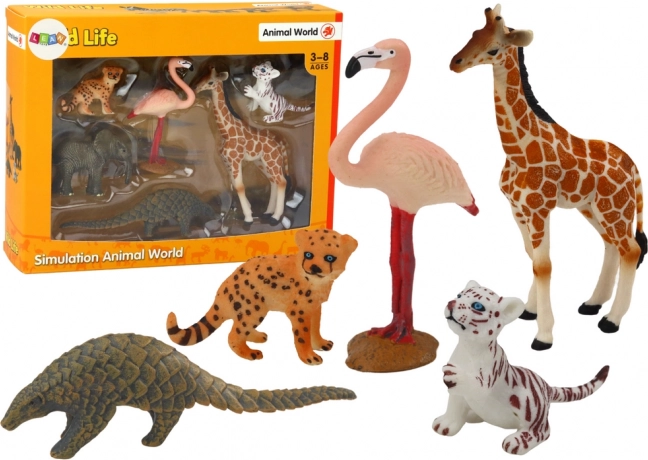 Sæt med dyrefigurer: Giraf, Flamingo, Elefant, Tiger