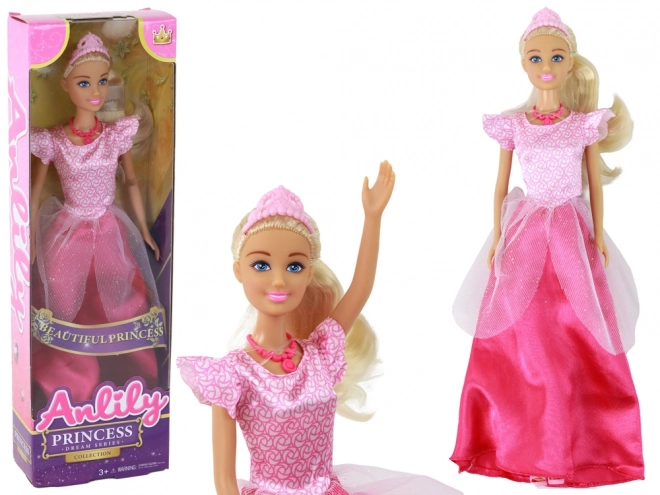 Dukke Anlily Blondine Prinsesse med Tiara i Lyserøde Kjoler