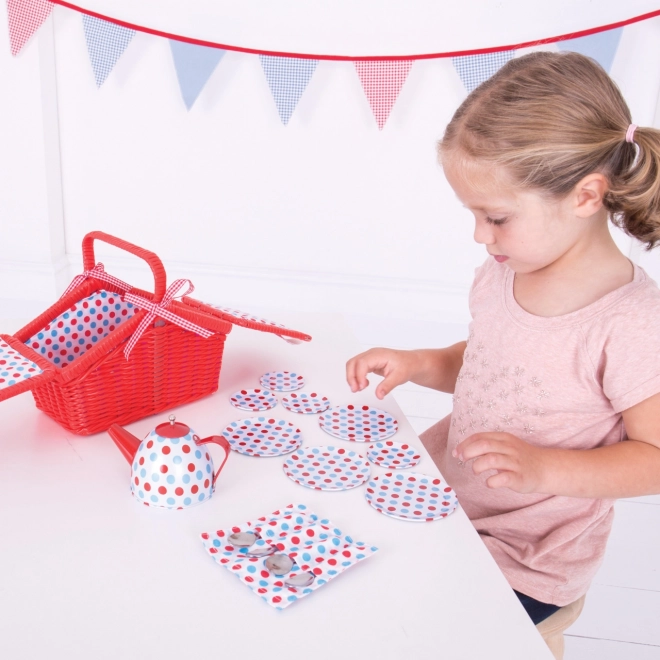 Bigjigs Legetøj Prikket Tesæt i Picnic Kurv