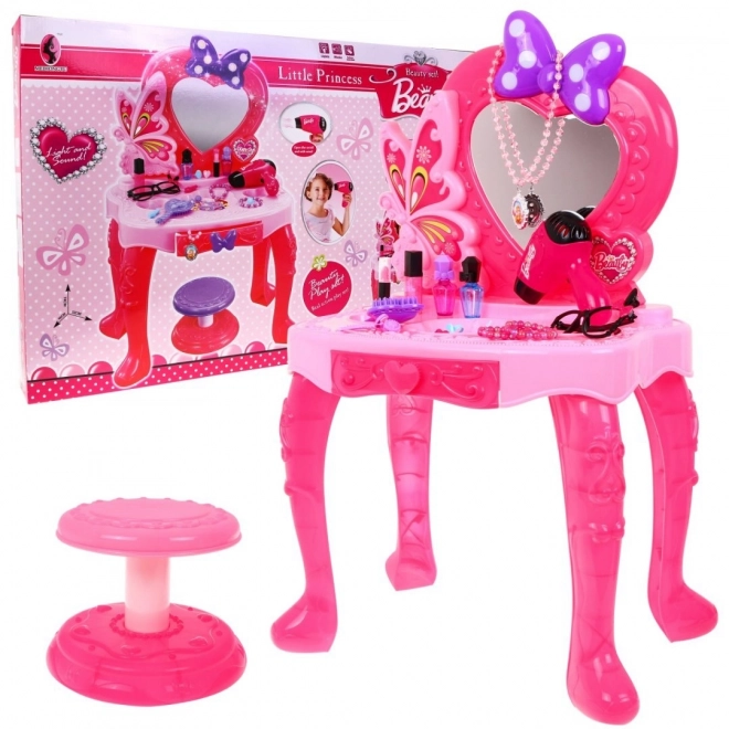Rosa toiletbord med spejl og skammel + stylingtilbehør og føntørrer