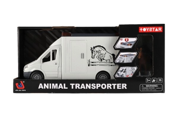 Auto dyretransport plast 28cm med heste på inerti med lys og lyd grå i æske 39x18cm