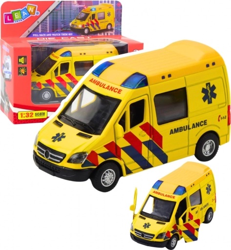 Metalambulance 1:32 med pull-back‑drev, lys og lyde – gul