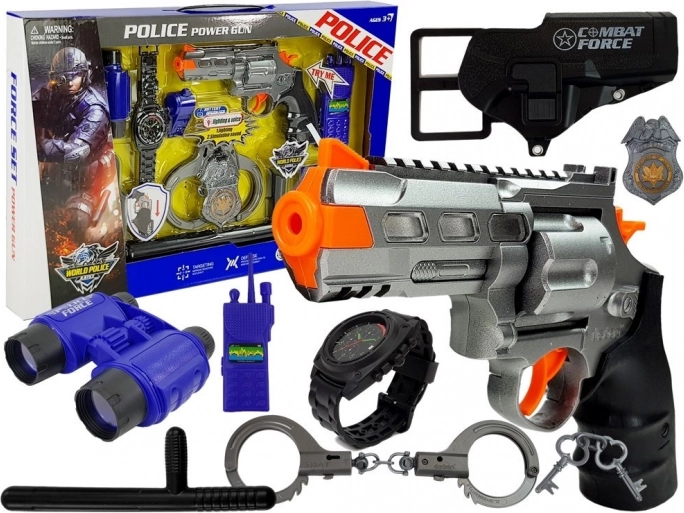 Politisæt til børn – pistol med lys og lyd, håndjern, kikkert, walkie-talkie, badge og tilbehør