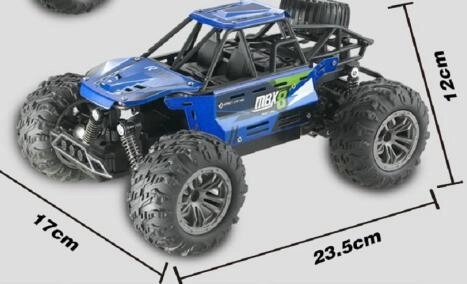 Auto RC buggy terræn blå 22cm plast 2,4GHz på batterier + genopladeligt pack i æske 32x16x18cm