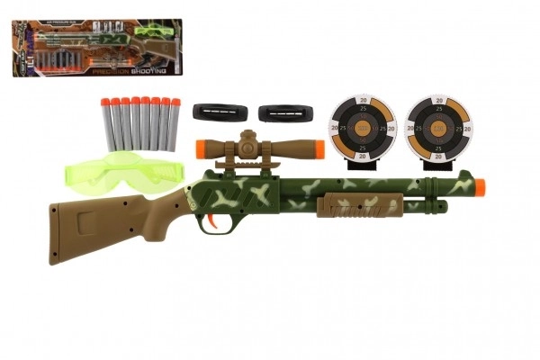 Pistol/Riffel med sigte i plast 51 cm + 8 skumkugler, briller på kort 21x62x3cm