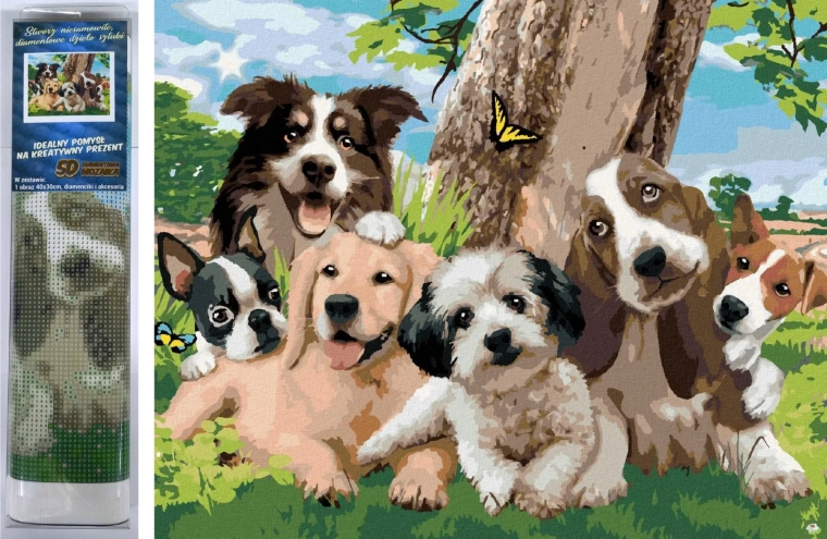 Diamantmaling glad hundeflok 30 × 40 cm