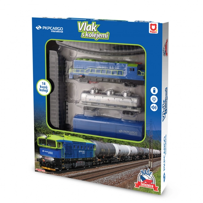 Godstog PKP Cargo International med vogne og skinner med lyd og lys