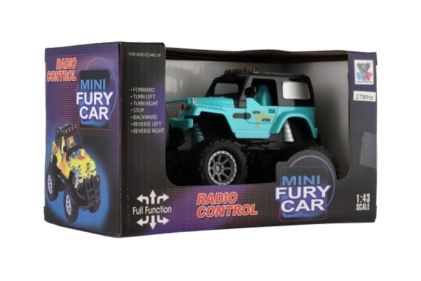Auto RC terrængående 14cm plast 27MHz med lys i boks 20x11x10cm – Turkis