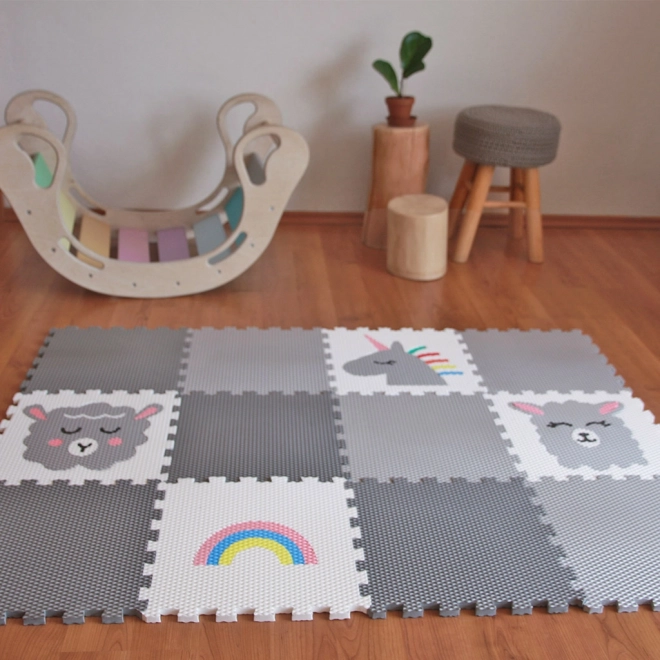 Minideckfloor gulv 12 dele - får, lama, enhjørning, regnbue