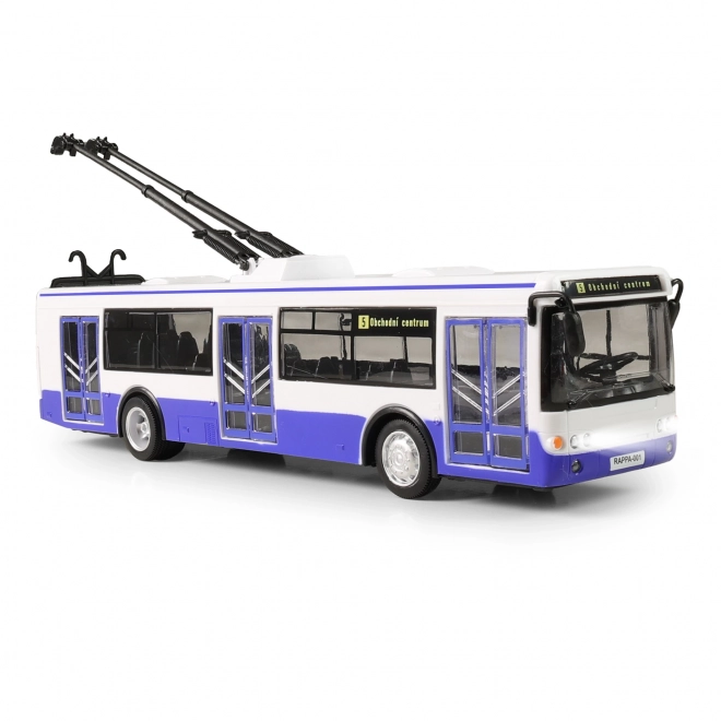 Trolleybus der annoncerer stoppesteder på tjekkisk 28 cm blå