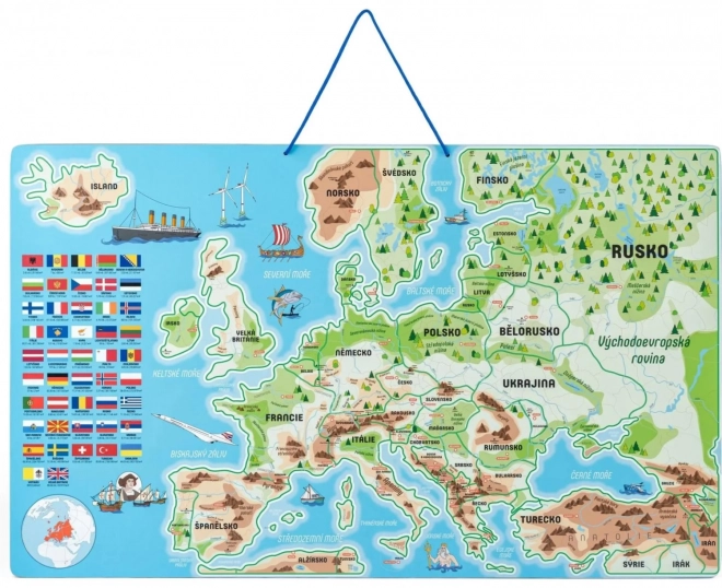 WOODY Magnetisk kort over Europa med billeder og selskabsspil, 3i1 på tjekkisk