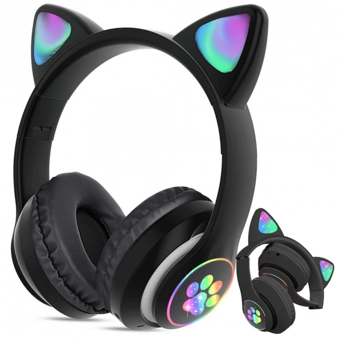 Trådløse hovedtelefoner bluetooth radio fm mp3 katteører LED belysning – sort