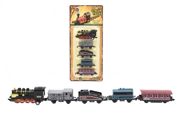 Tog/locomotive og vogne 5 stk metal/plast 8cm med tilbagespoling 4 typer på kort