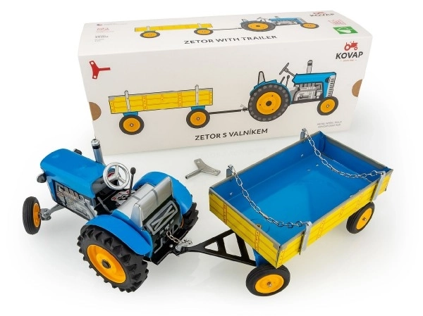 Traktor Zetor med trailer blå på nøgle metal 28cm Kovap i æske