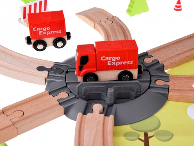 Træjernbane til børn med transportbase og kran