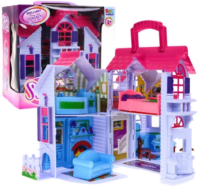 Foldbart børnehus 3+ Lilla + familiefigurer + hund + møbler + 2 etager