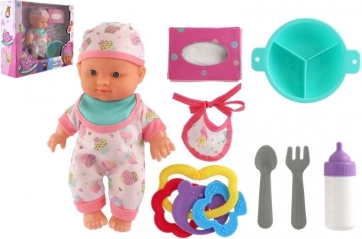 Dukkebaby 22 cm med fast krop og tilbehør