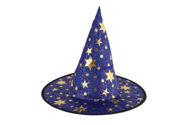 Heksehat til børn, diameter 38cm blå-guldfarvet i pose til karneval