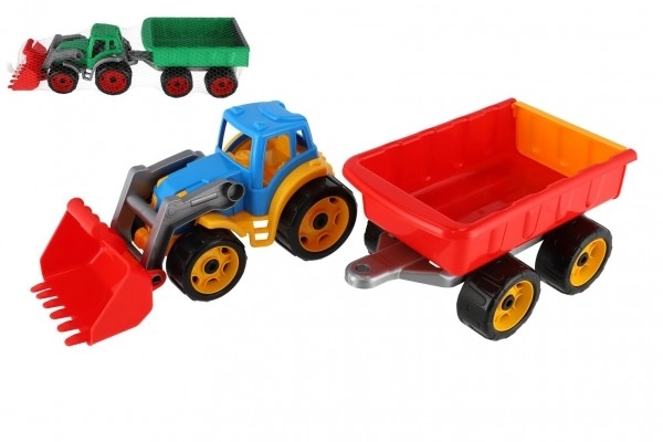 Traktor/lastmaskine/graver med trailer i liggende plast til fri kørsel 2 farver i net 16x61x16cm