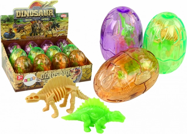 Stort gennemsigtigt dinosauræg med 2 figurer, 9 cm