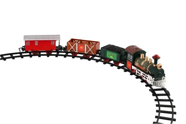 Tog + 3 vogne med skinner 8 stk på batteri med lyd og lys i kasse 41x28x6cm