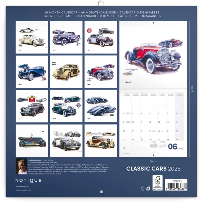 NOTIQUE Notes kalender Classic Cars – Václav Zapadlík, 2025, 30 x 30 cm