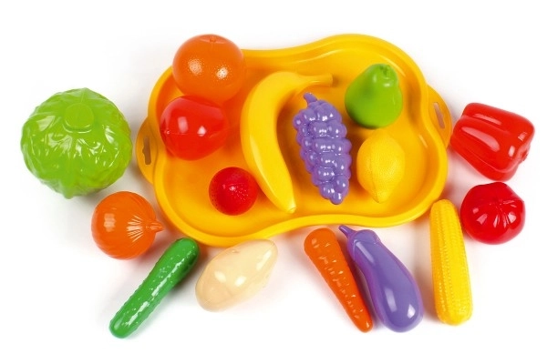 Plastik sæt med frugt og grøntsager med bakke
