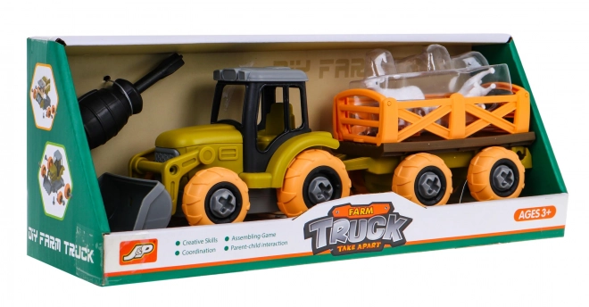 Skruelig traktor med ske og trailer + skruetrækker + får Legetøj til børn 3+