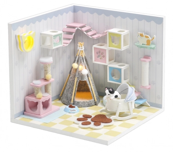 Dværget miniatur hus hyggeligt badeværelse/Kattens hjem Mjau
