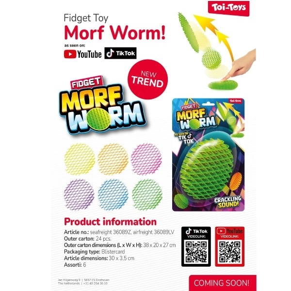 Fidget orm skiftende form antistress plastik 13cm 6 farver på kort