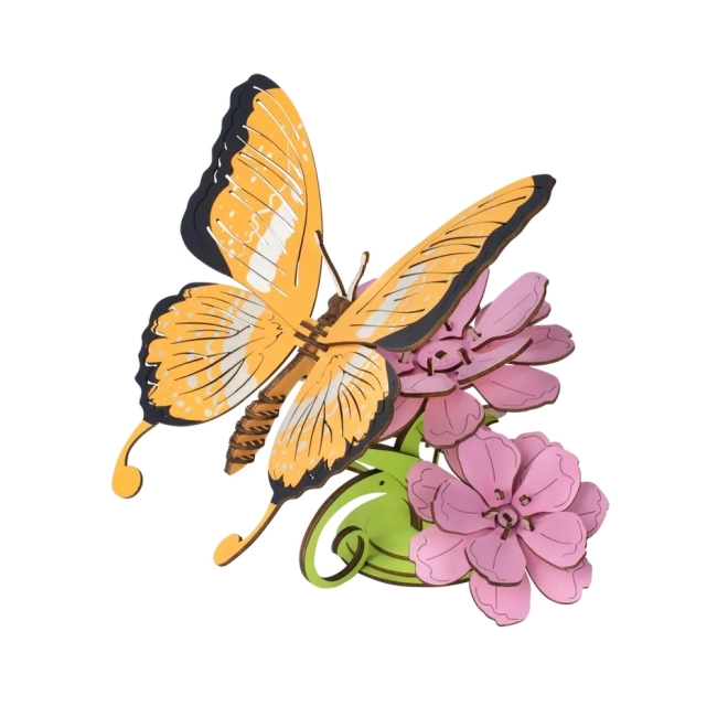 Woodcraft Træ 3D puslespil Sommerfugl på blomster farverig