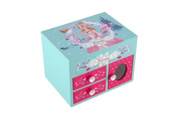 Prinsesse smykkeskrin 3 skuffer afklappelig top med spejl træ 16x12,5x12cm i kasse