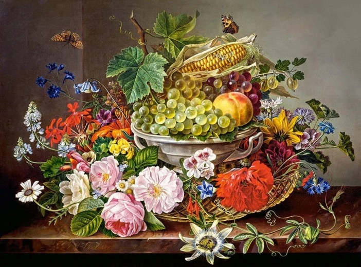 Puslespil stilleben med blomster og frugt 2000 brikker Castorland